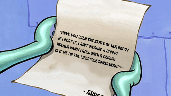 Meme of Spongebob character Squidward reading Arrdee’s lyrics.